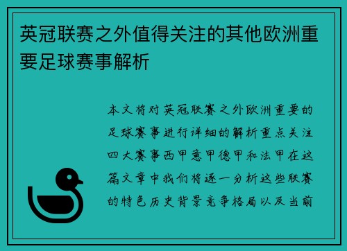 英冠联赛之外值得关注的其他欧洲重要足球赛事解析 英冠联赛之外值得关注的其他欧洲重要足球赛事解析
